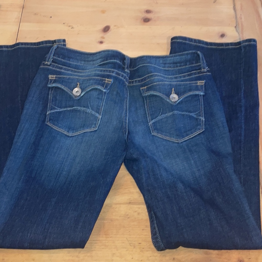 ANA bootcut JEANS blue button FLAP POCKET Stretch DISTRESSED 30 or 10 SHORT Exc